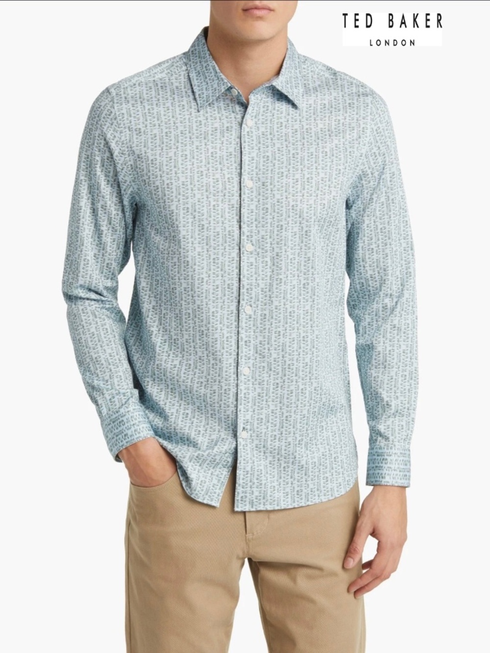 TED BAKER LONDON NWT $165 DUNSOP SLIM LIGHT BLUE DITSY LEAF STRETCH SHIRT. 4(L)